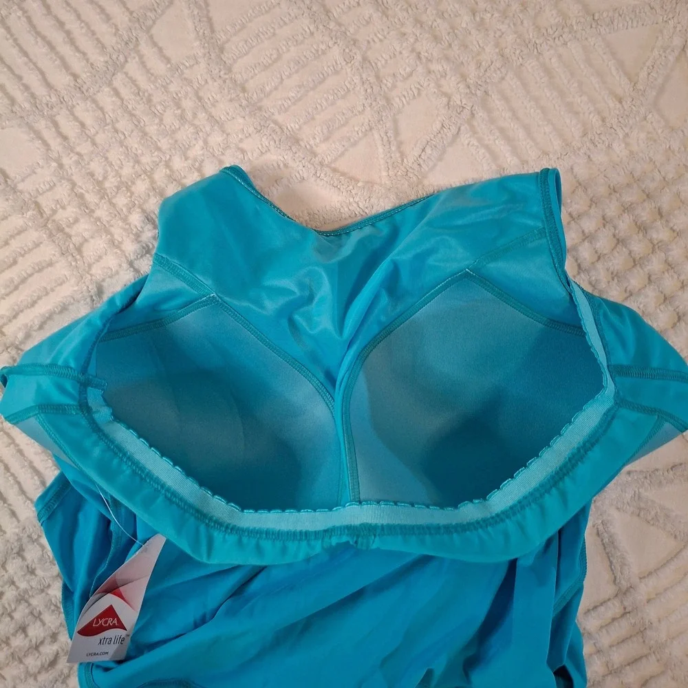 Lands' End Womens 18 Tankini Top Blue High Neck Shelf Bra Lycra Modest NWT